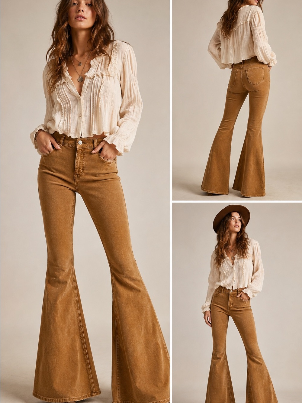 Rock & Roll Denim Bargain Button Bell Bottom Jeans Camel Brown Western 30x32